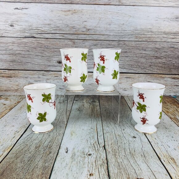 Royal Victoria ROV1 Fine Bone China Red Grapes Green Leaves Pedestal Mugs Set 4 - Picture 5 of 9